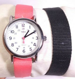 Women Timex Weekender Watch Indiglo T2p368 Military Dial Black & Pink 2 Band