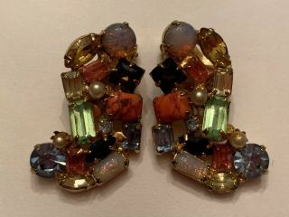 Vintage Multi Colored Rhinestone Cabochon Faux Pearl Clip Earrings