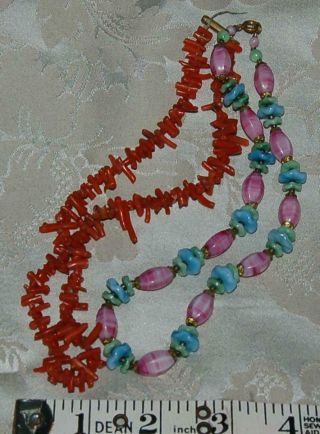 2 Antique Vintage Necklaces Pink Green Blue Glass Beads Coral C1920 - 30s