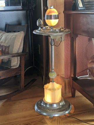 Vintage Mico Art Deco Lighted Onyx Slag Glass Smoke Stand Smoking Butler Lighter