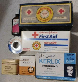 Vintage Medical Supplies Squibb Epsom Salt Castor Oil Red Cross Cotton Boricacid