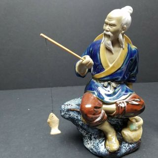 Vintage Chinese Shiwan Ceramic Mudman Fisherman Figurine With Fishing Pole