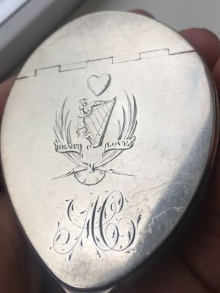 Georgian Silver Mounted Cowrie Shell Snuff Box Engraved Maid Of Erin Irish Harp