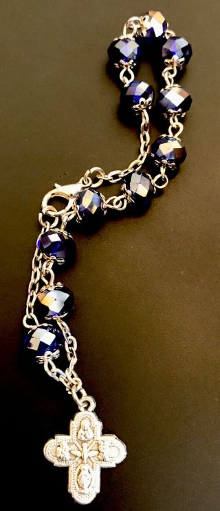 Vintage Catholic Iridescent Blue Crystal Chaplet,  Silver Tone 5 Way Cross Medal