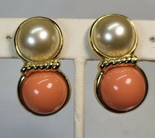 Vtg Joan Rivers Faux Coral & Pearl Cabochon Gold Tone Clip On Drop Earrings 11/4