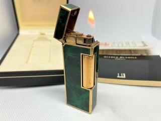 Rare Dunhill Green Marble Lacquer & Gold - Plated Rollagas Lighter W Case & Paper