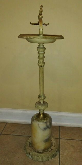 Antique Iron Marble Base Brass Accent Ashtray Cigar Holder Floor Stand