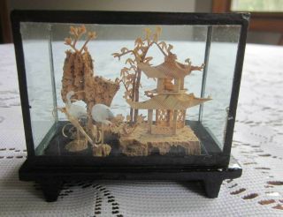 Vintage Chinese Carved Cork Scene Miniature Diorama In Wood & Glass Case