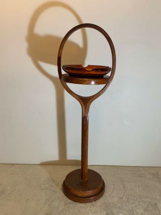 Vintage 1920’s Wood Tennis Racket Ashtray Stand W/ Amber Glass Unique