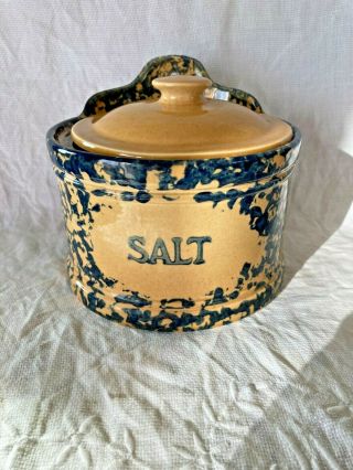 Vintage Discontinued Blue Spongeware Pfaltzgraff Salt Box Crock With Lid