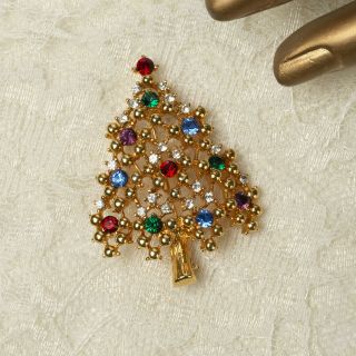 Vintage Eisenberg Ice Multi Color Rhinestone Gold Tone Christmas Tree Pin Brooch
