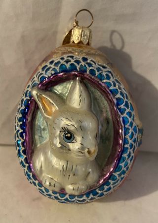 Vintage Handmade Art Glass Bunny Rabbit Christmas Ornament Indent Ball Rare