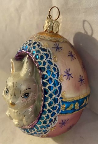 Vintage Handmade Art Glass Bunny Rabbit Christmas Ornament Indent Ball RARE 2