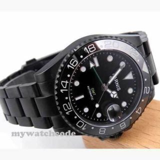 40mm Parnis Black Dial Pvd Gmt Sapphire Glass Date Automatic Mens Watch P200