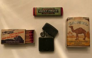 Wwii Zippo Black Crackle Lighter,  Fruit Gum,  Camel Military Cigarettes