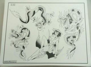 Vintage 1984 Spaulding & Rogers Tattoo Flash Sheet 131 Dragons