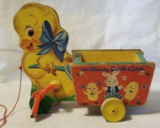 Vintage Fisher Price Walking Duck Cart Wooden Pull Toy Decor