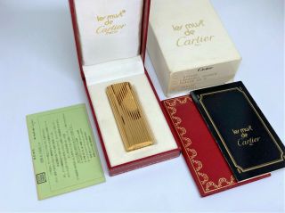 Auth Cartier K18 Gold - Plated Godron Striped Oval Lighter W Box,  Case & Papers