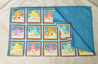 Vintage Care Bears Oop Squares Quilt Block Baby Blanket 42” X 51” Handmade