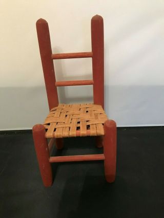 Vintage Red Wooden Doll Chair Ladder Back Woven Seat 10.  5 " Tall X 4.  5” Wide