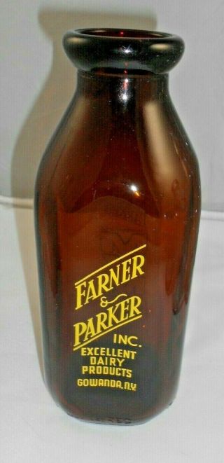 Vtg Farner & Parker Dairy Milk Bottle Amber Quart Gowanda Ny York 1961