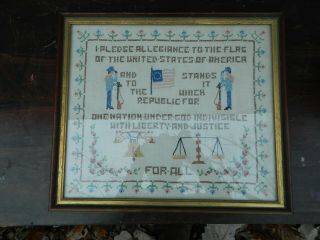 Vintage Cross Stitch Sampler Pledge Of Allegiance Framed