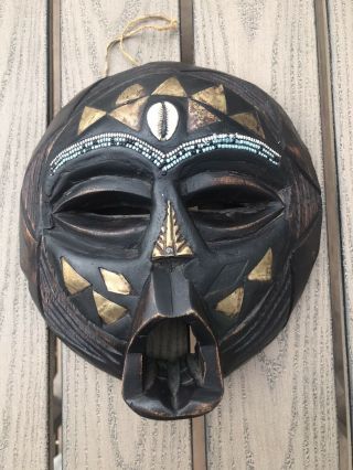 Vintage African Ghana Mask Face Hand Carved Wood Tin Beaded Tribal Shells