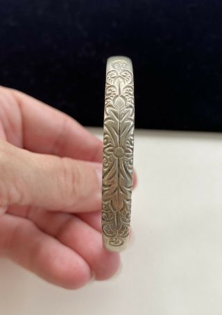 Antique Art Nouveau Sterling Bangle Bracelet Scroll & Flower Repousse Design