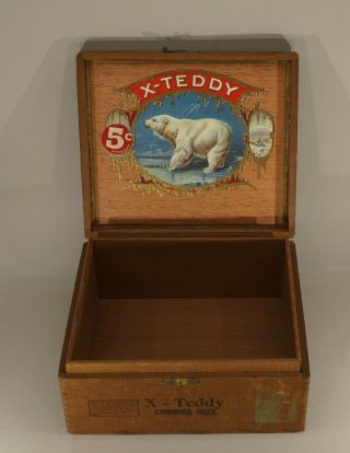 Vintage X - Teddy Wooden Cigar Box With Hinged Lid And Paper Label
