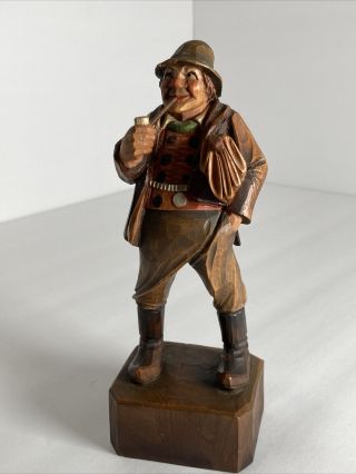 Fine Vintage Hand Carved Anri Wooden Figurine,  Fat Man With Pipe And Umbrella.