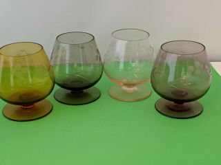 Four Vintage Miniature Etched Shot Glasses - Brandy Snifters
