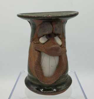 Art Pottery Ceramic Ugly Funny Face Stoneware Pottery Toothbrush Holder Vintage