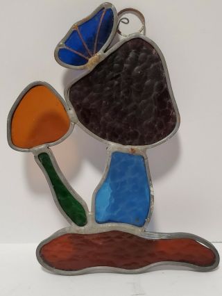 Vintage Real Leaded Stained Glass Suncatcher Mushrooms With Butterfly