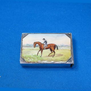 Race Horse & Jockey Motif Match Safe,  Enamel On Sterling,  C.  1900,  Vesta