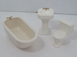 Dollhouse Miniature Ceramic Porcelain Bathroom Set Bathtub Toilet Sink Vintage
