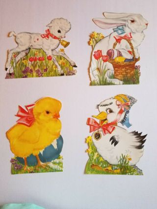 4 Vintage Litho Easter Paper Cutout Decorations Bunny Chick Goose Lamb