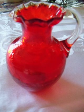Vintage Crackle Glass Red 4.  25 " Pitcher Vase With Clear Handle -