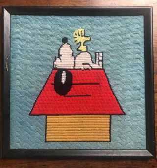 Vintage Snoopy Woodstock Peanuts Needlepoint Finished Completed Framed