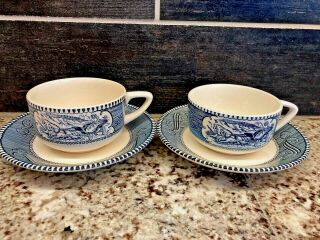 2 Vtg Royal China Blue Currier And Ives Cups And Saucers