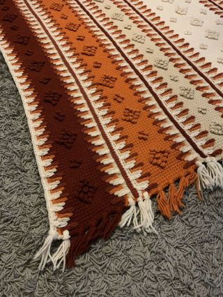 Vintage 60s 70s Handmade Crochet Afghan Blanket Orange Red Cream Boho 72” X 60”