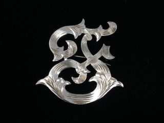Large Vintage Mexico Taxco Sterling Silver Etched Script F Initial Pin Brooch