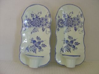 Vintage Blue And White Delft Style Candle Table Or Wall Sconces 8 " High