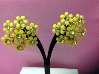 Stunning Vintage Estate Yellow Rhinestone Flower Clip 1,  5 " Earrings