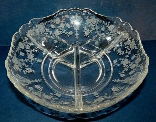 Rose Point Vintage Cambridge Etched Glass Divided Relish / Candy Dish 3 - Part