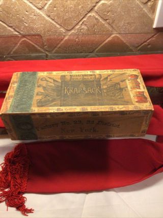 Antique Knapsack Seidenberg 5 Cent Cigar Wooden Box Military American Usa Flags