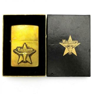Vintage 1992 Zippo Lighter Solid Brass Marlboro Star & Steer -