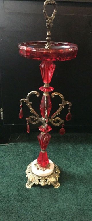 Mid Century Ruby Red Pedestal Ash Tray Smoking Stand Jeweled Marble Glass