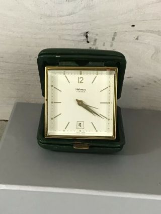 Vintage Helveco Travel Clock Green Leather Case 7 Jewels Swiss Made