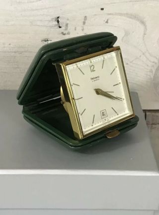 Vintage Helveco Travel Clock Green Leather Case 7 Jewels Swiss Made 2