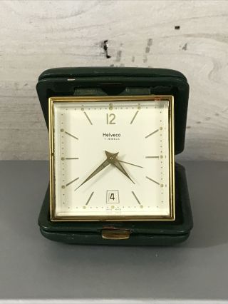 Vintage Helveco Travel Clock Green Leather Case 7 Jewels Swiss Made 3